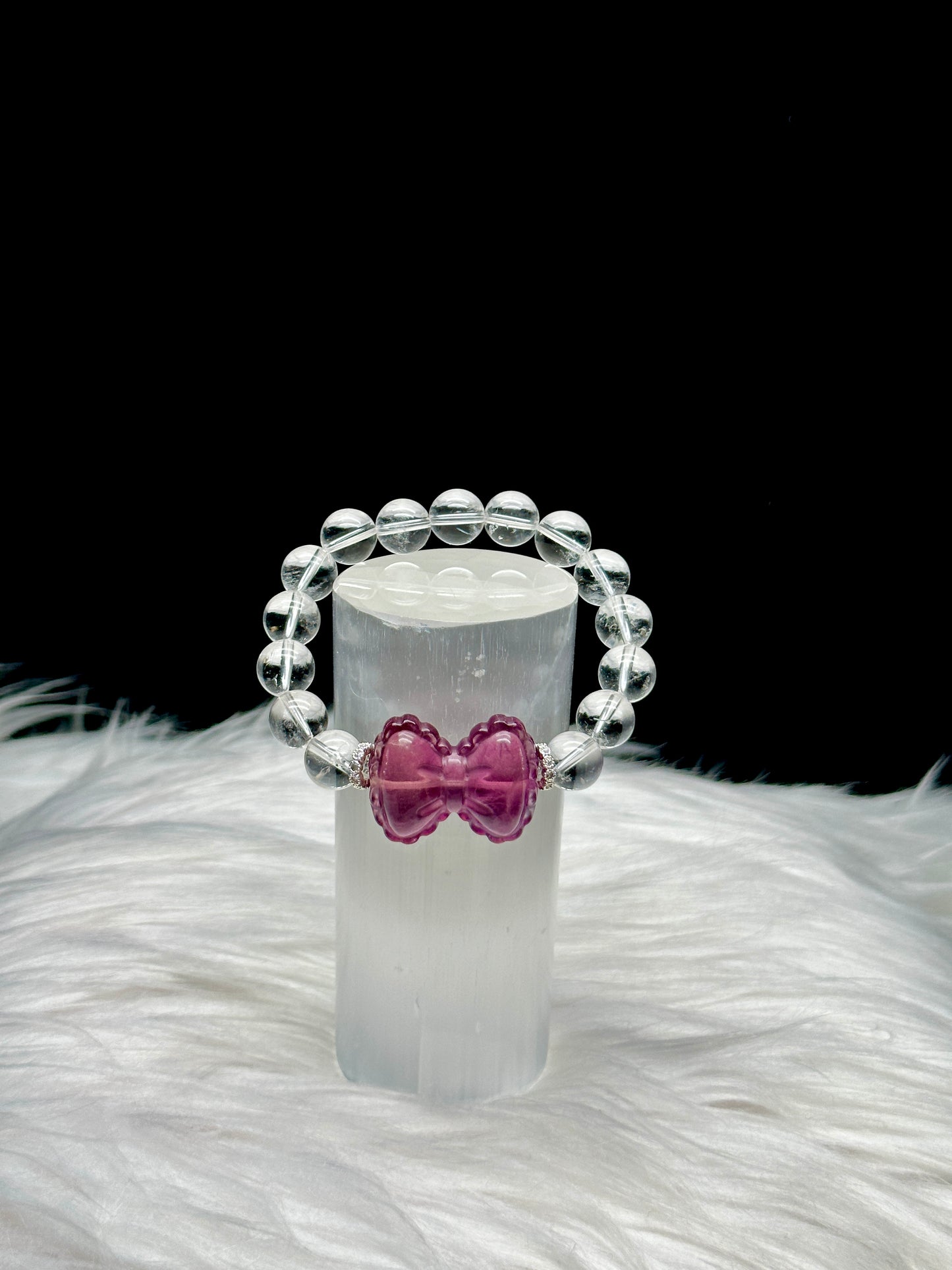 Clear Quartz Bracelet with Purple Fluorite Bow – 12mm Beads, Stretch Cord, Handmade Crystal Jewelry
