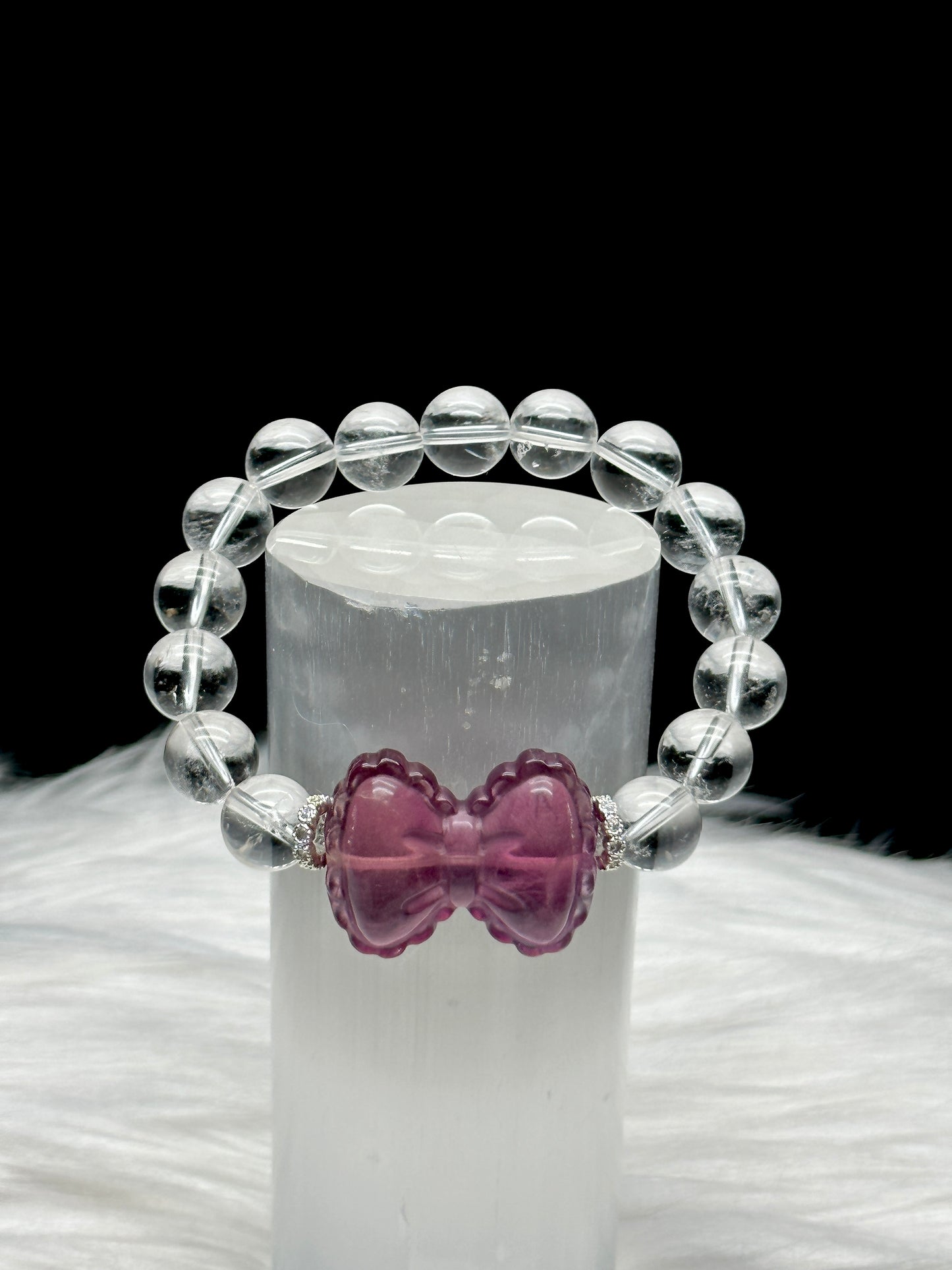 Clear Quartz Bracelet with Purple Fluorite Bow – 12mm Beads, Stretch Cord, Handmade Crystal Jewelry