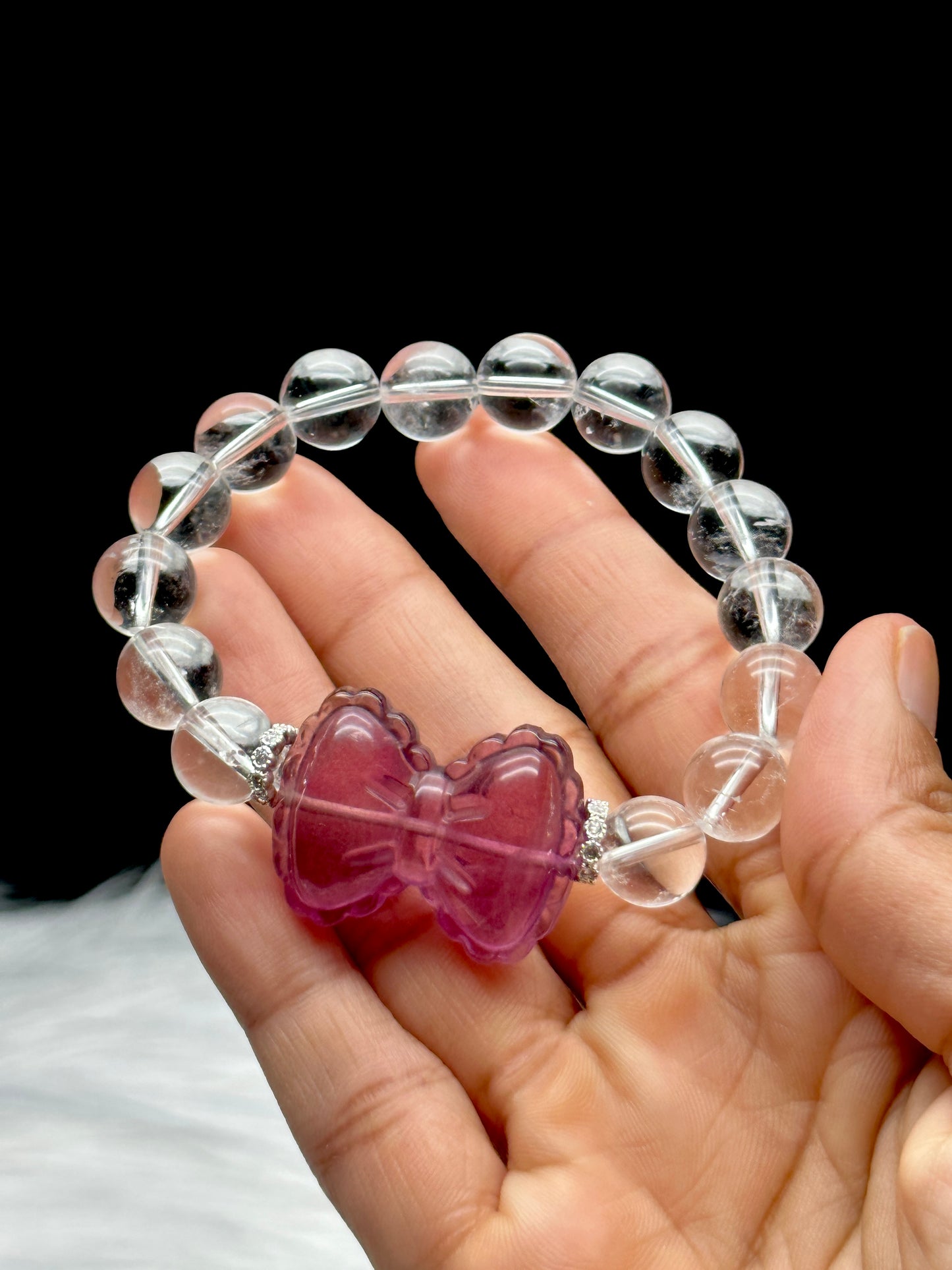 Clear Quartz Bracelet with Purple Fluorite Bow – 12mm Beads, Stretch Cord, Handmade Crystal Jewelry