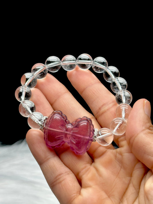 Clear Quartz Bracelet with Purple Fluorite Bow – 12mm Beads, Stretch Cord, Handmade Crystal Jewelry