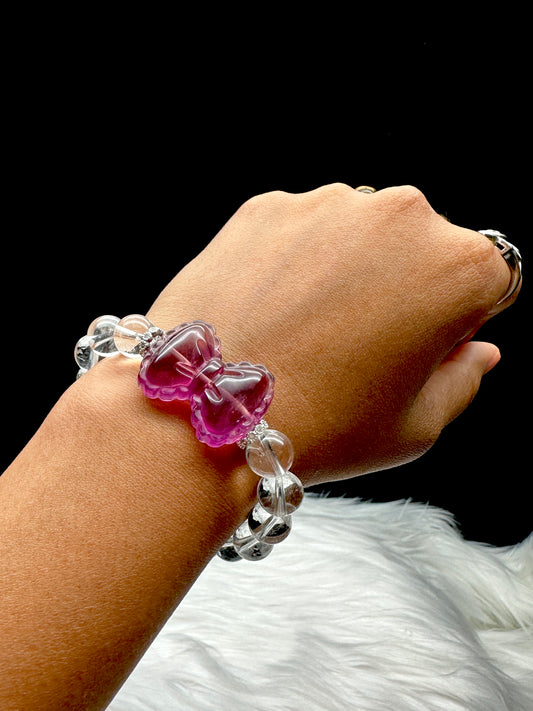 Clear Quartz Bracelet with Purple Fluorite Bow – 12mm Beads, Stretch Cord, Handmade Crystal Jewelry