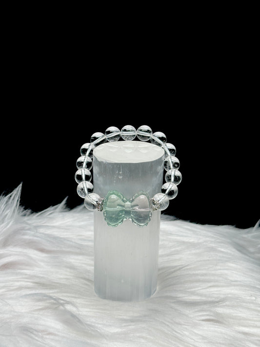 Clear Quartz Crystal Bracelet with Green Fluorite Bow – 12mm Beads, Stretchable Fit