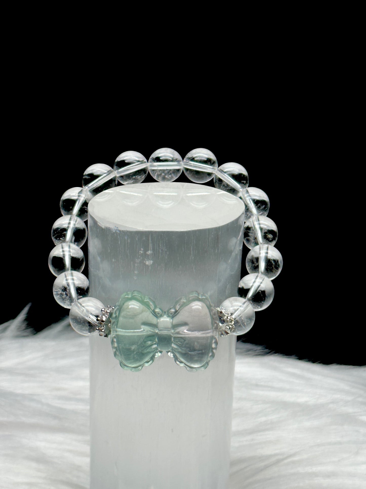 Clear Quartz Crystal Bracelet with Green Fluorite Bow – 12mm Beads, Stretchable Fit