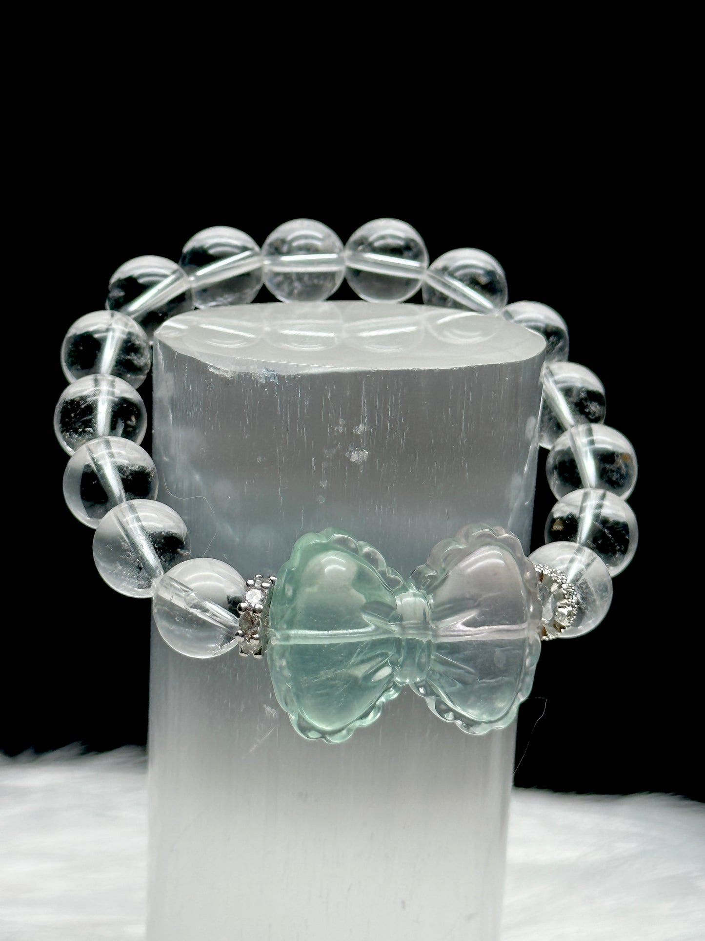 Clear Quartz Crystal Bracelet with Green Fluorite Bow – 12mm Beads, Stretchable Fit