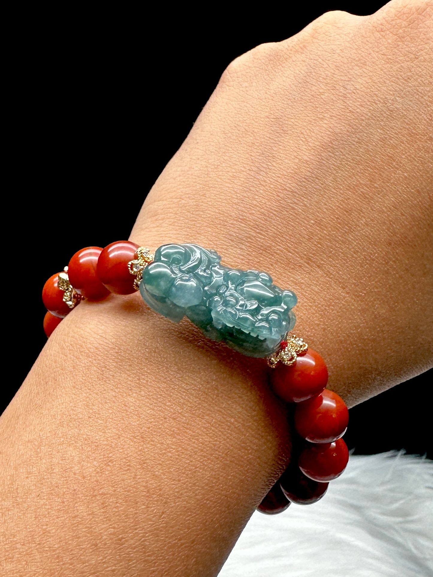 High-Quality Red Jade Bracelet with Jade Pixiu – 10mm Beads, Stretchable, Sterling Silver Spacers