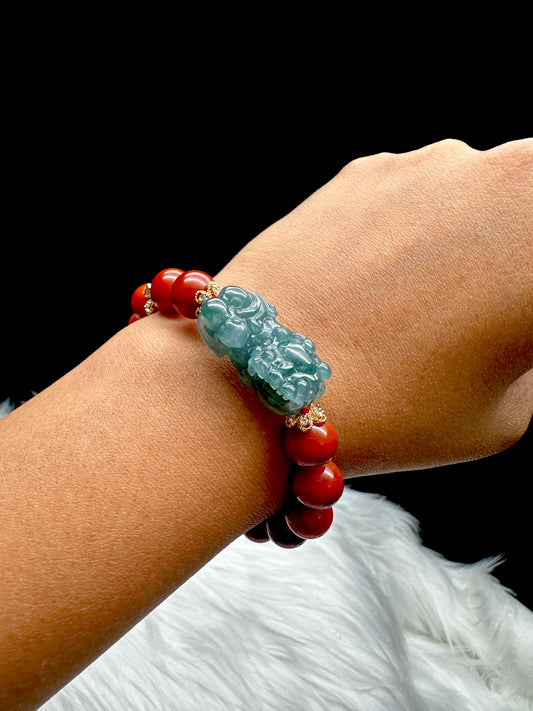 High-Quality Red Jade Bracelet with Jade Pixiu – 10mm Beads, Stretchable, Sterling Silver Spacers