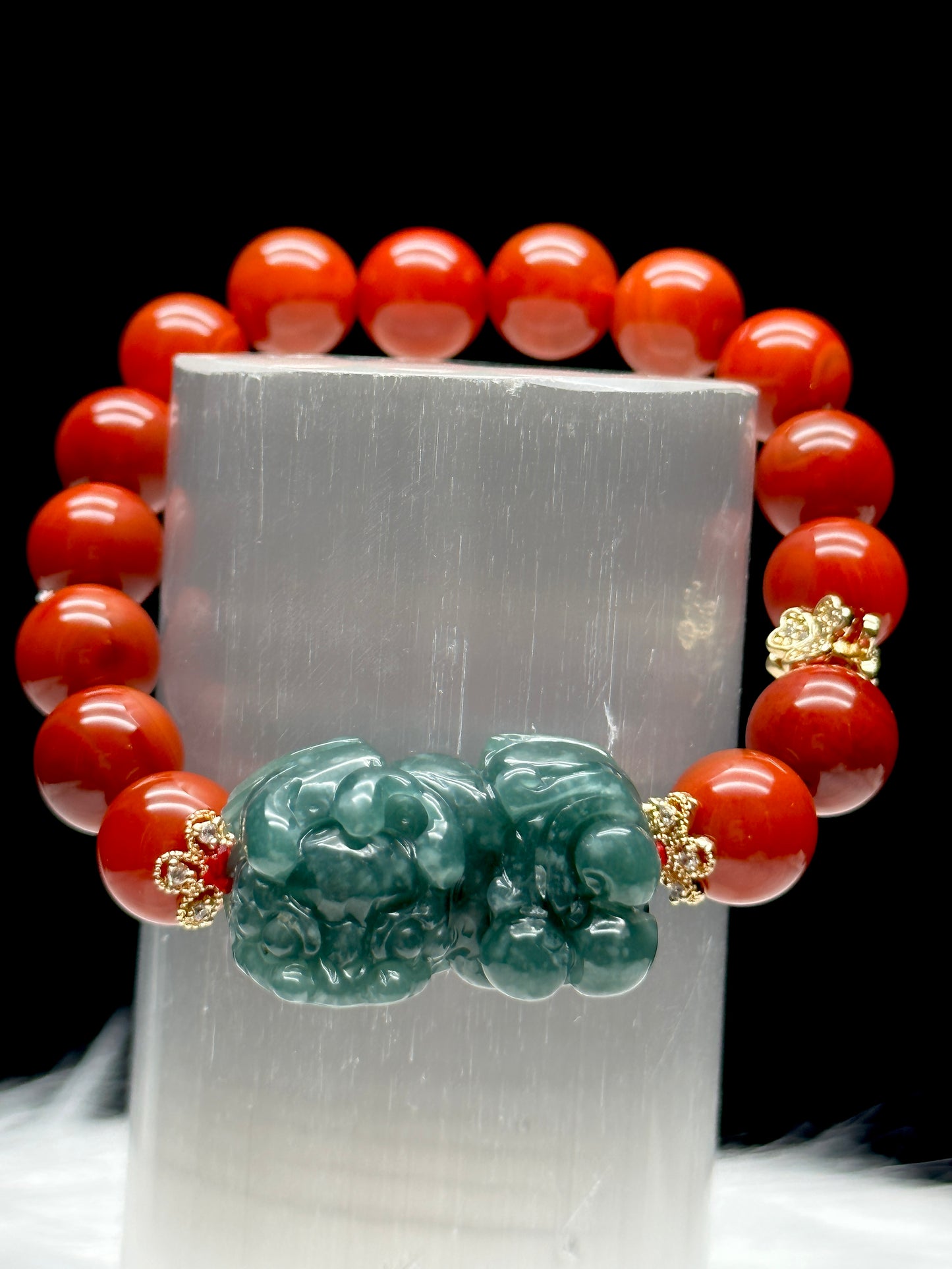 High-Quality Red Jade Bracelet with Jade Pixiu – 10mm Beads, Stretchable, Sterling Silver Spacers
