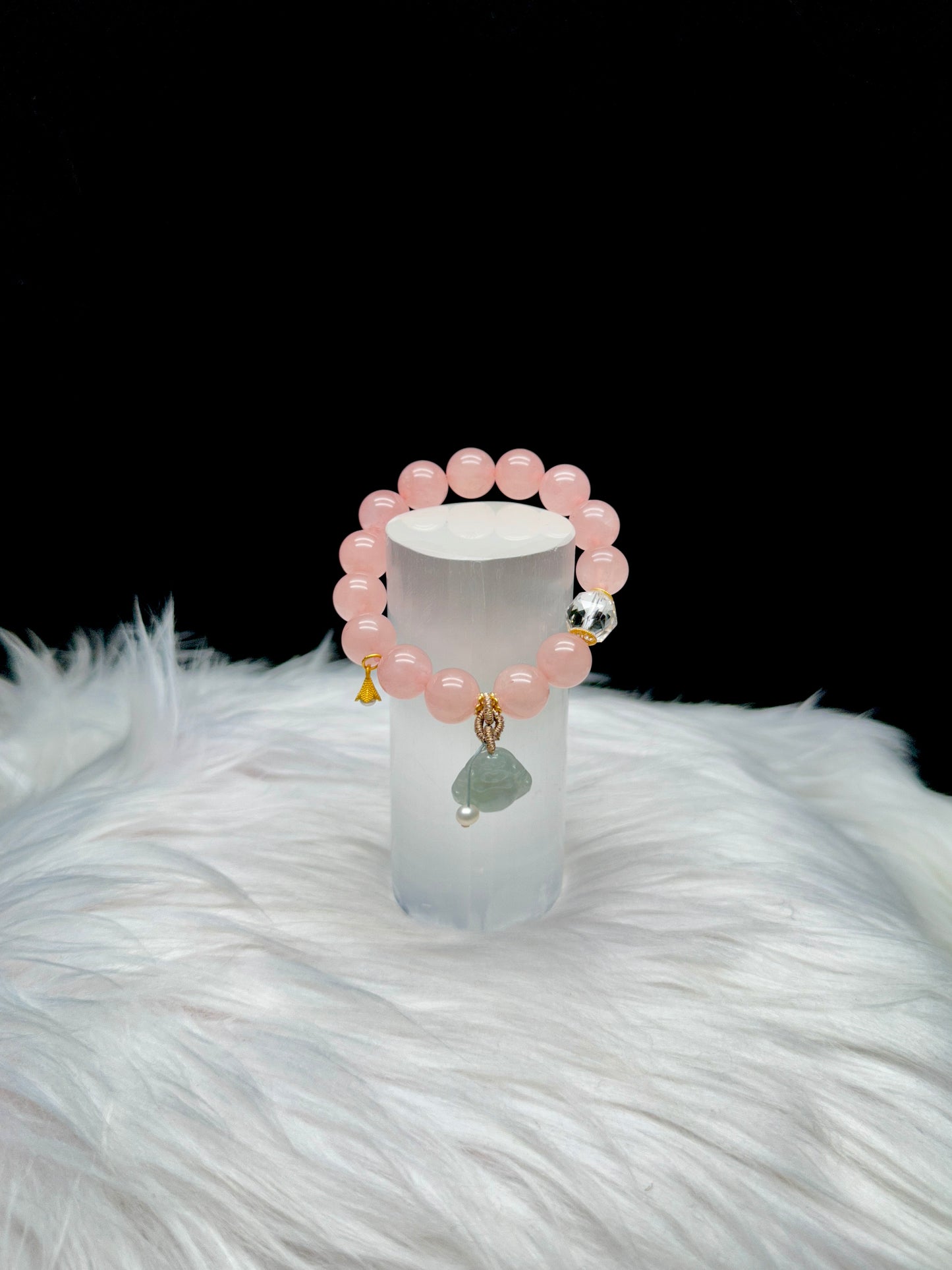 High-Quality Rose Quartz Crystal Bracelet with Jade Buddha Charm, Sterling Silver Spacers, and Pearl Charms