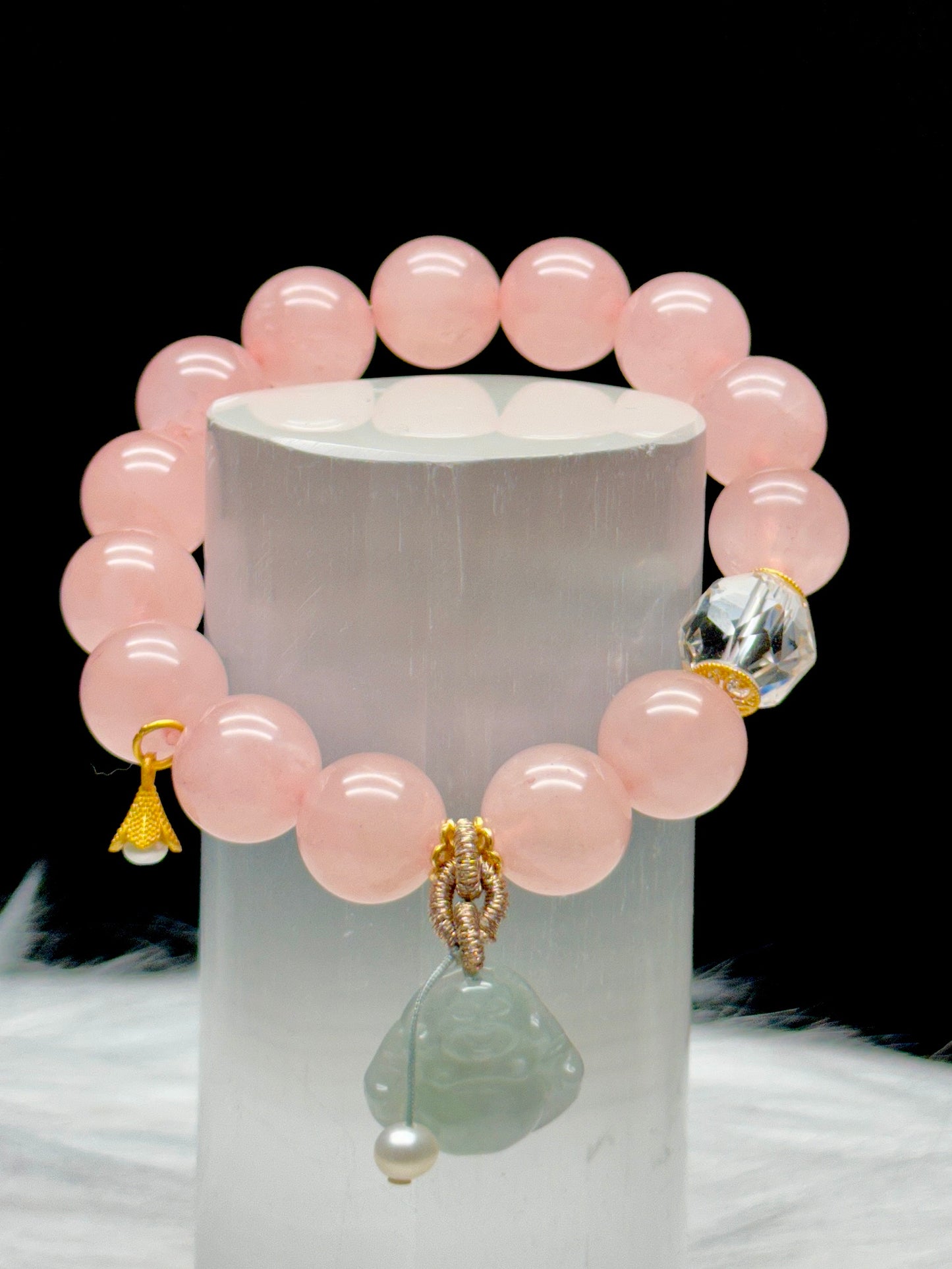 High-Quality Rose Quartz Crystal Bracelet with Jade Buddha Charm, Sterling Silver Spacers, and Pearl Charms