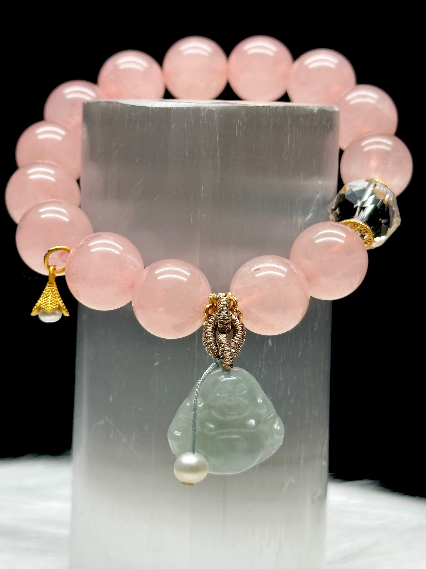 High-Quality Rose Quartz Crystal Bracelet with Jade Buddha Charm, Sterling Silver Spacers, and Pearl Charms