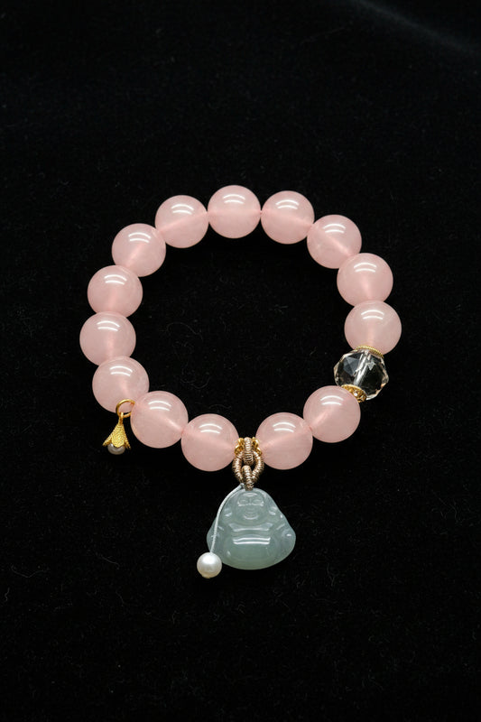 High-Quality Rose Quartz Crystal Bracelet with Jade Buddha Charm, Sterling Silver Spacers, and Pearl Charms