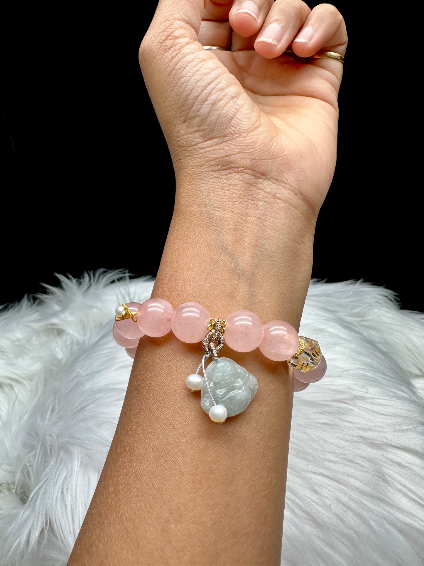 High-Quality Rose Quartz Crystal Bracelet with Jade Buddha Charm, Sterling Silver Spacers, and Pearl Charms
