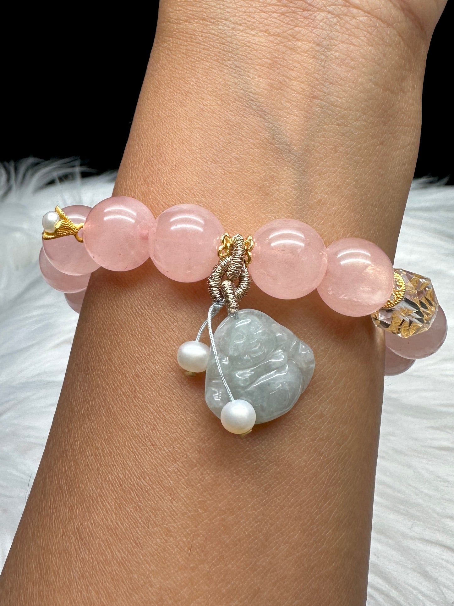 High-Quality Rose Quartz Crystal Bracelet with Jade Buddha Charm, Sterling Silver Spacers, and Pearl Charms