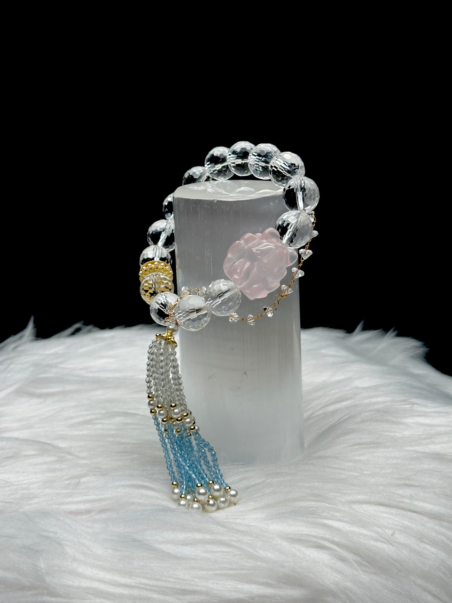 High-Quality Clear Quartz Crystal Bracelet – Rose Quartz Nine-Tail Fox, Aquamarine, Pearl & Sterling Silver Details