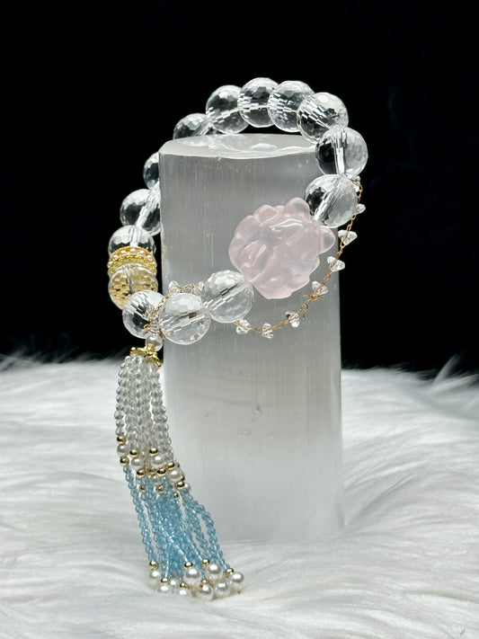 High-Quality Clear Quartz Crystal Bracelet – Rose Quartz Nine-Tail Fox, Aquamarine, Pearl & Sterling Silver Details