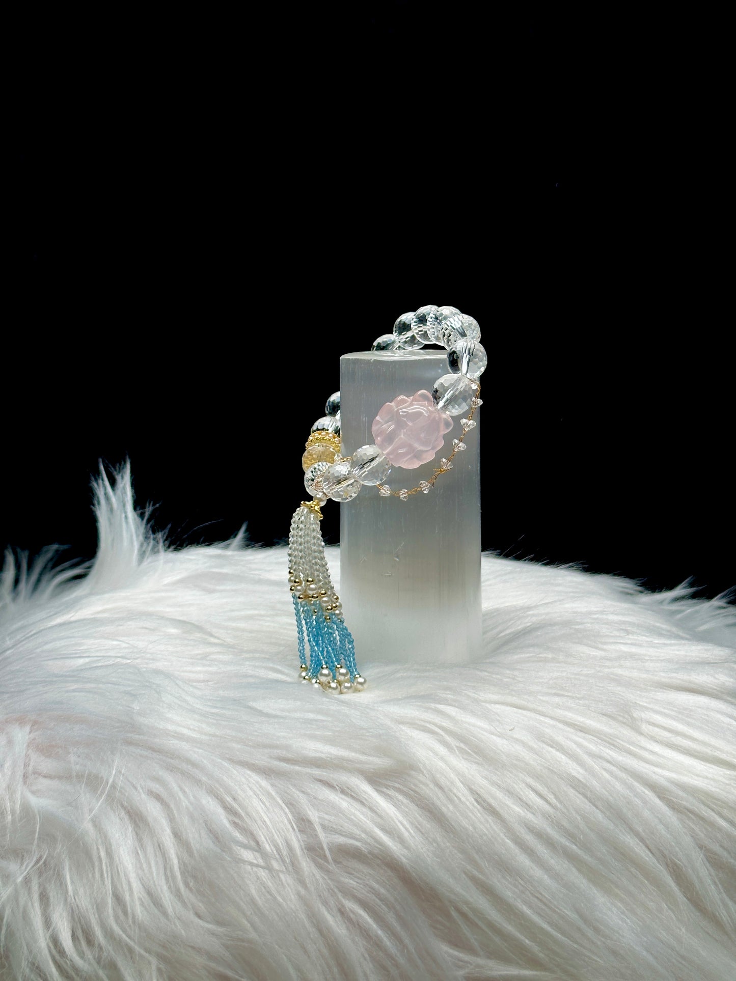 High-Quality Clear Quartz Crystal Bracelet – Rose Quartz Nine-Tail Fox, Aquamarine, Pearl & Sterling Silver Details