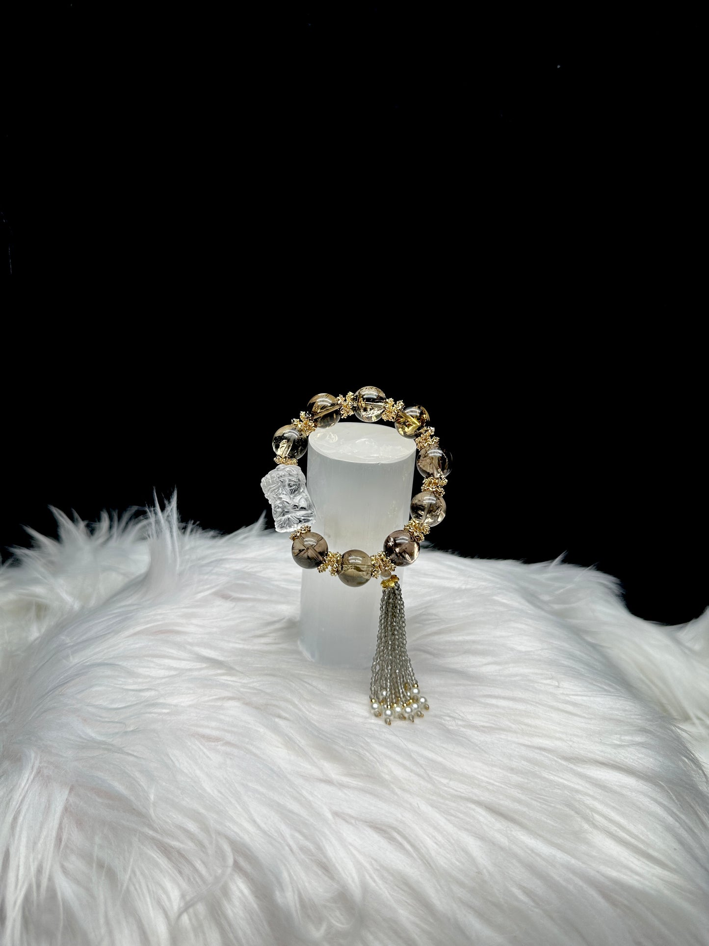 High-Quality Smoky Quartz Crystal Bracelet – Clear Quartz Praying Baby Buddha, Sterling Silver Gold-Plated Spacers, Pearl & Clear Quartz Tassel