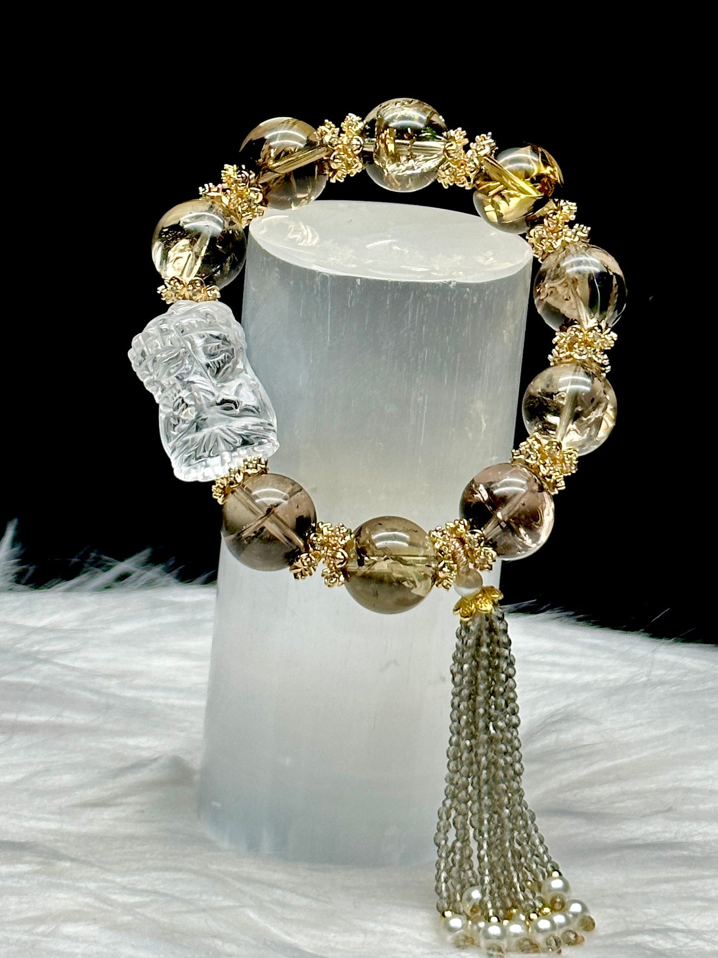 High-Quality Smoky Quartz Crystal Bracelet – Clear Quartz Praying Baby Buddha, Sterling Silver Gold-Plated Spacers, Pearl & Clear Quartz Tassel