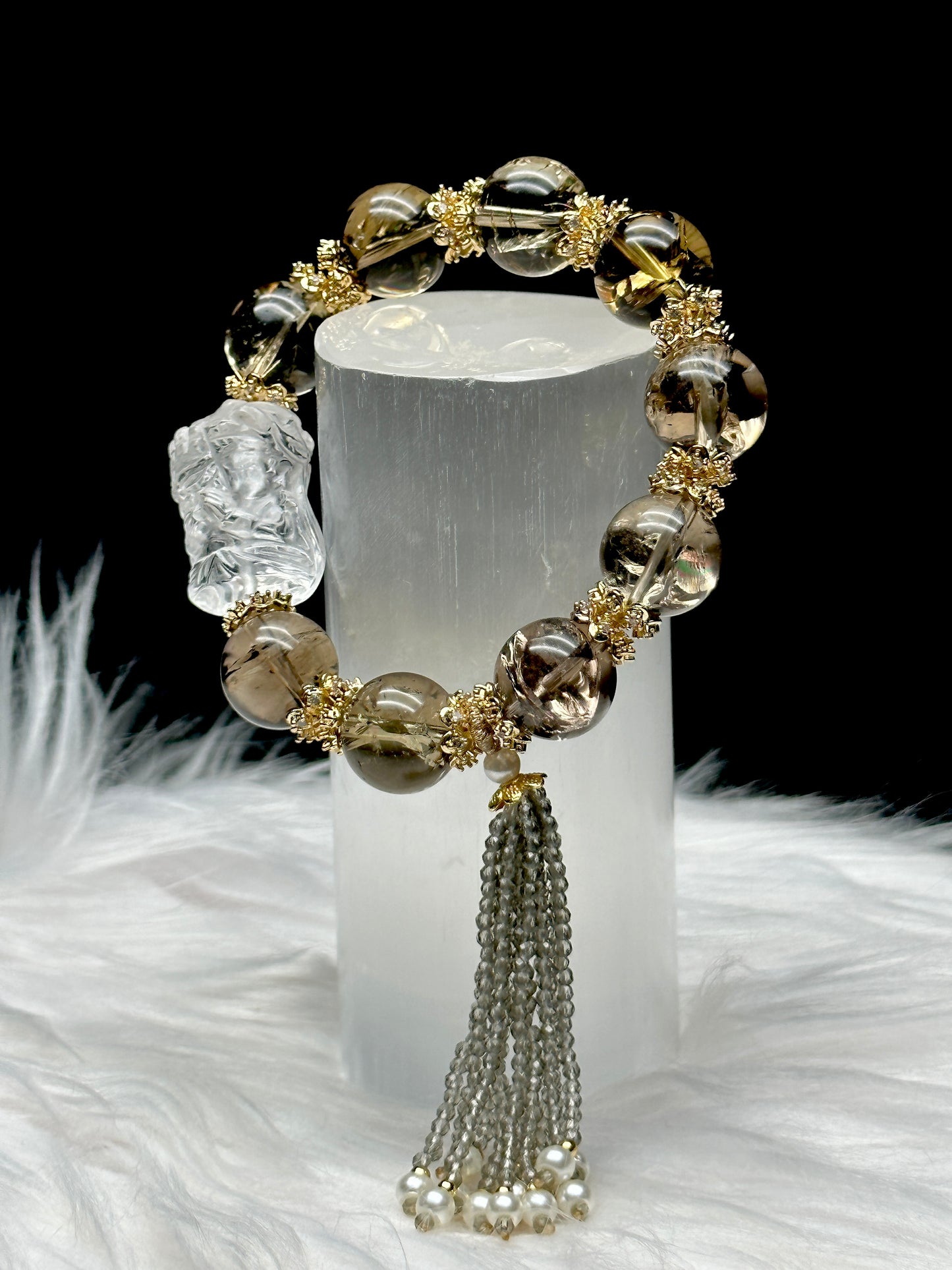 High-Quality Smoky Quartz Crystal Bracelet – Clear Quartz Praying Baby Buddha, Sterling Silver Gold-Plated Spacers, Pearl & Clear Quartz Tassel