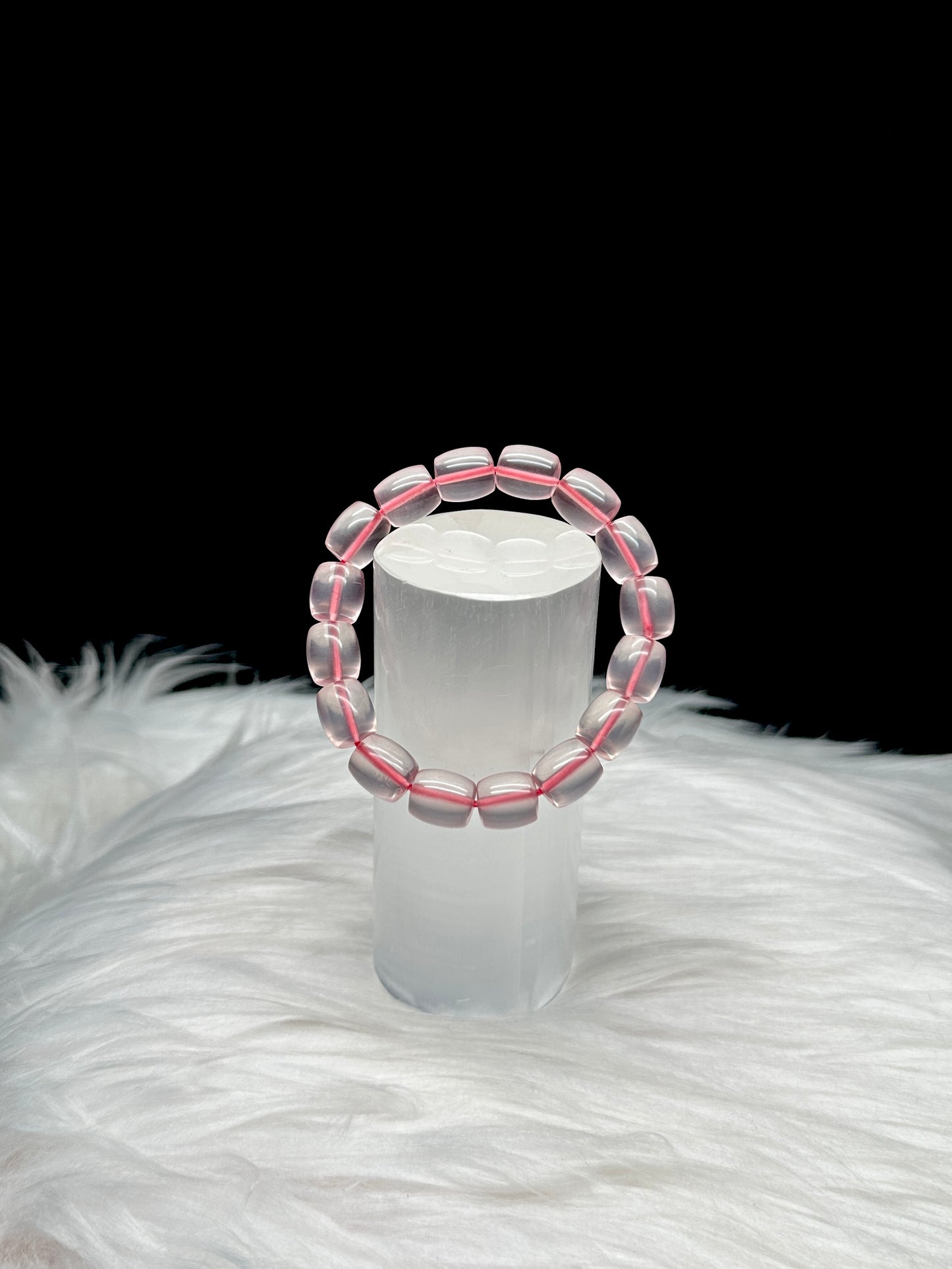 Gemmy Rose Quartz Bracelet – 10mm Drum Beads, Stretchable Cord, Handmade Crystal Jewelry