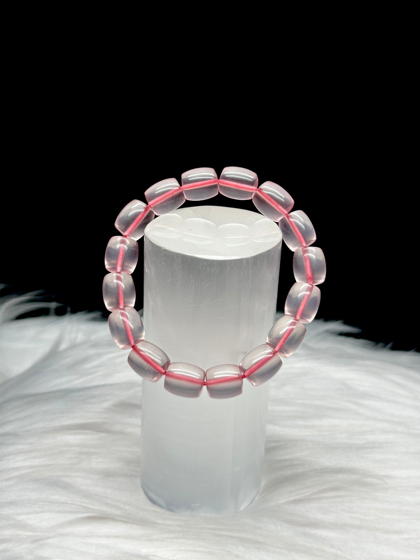 Gemmy Rose Quartz Bracelet – 10mm Drum Beads, Stretchable Cord, Handmade Crystal Jewelry