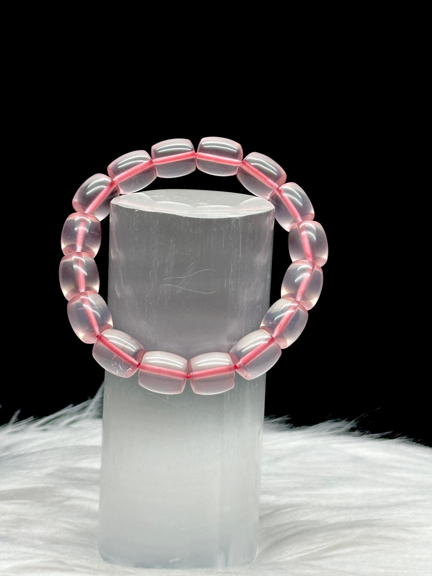 Gemmy Rose Quartz Bracelet – 10mm Drum Beads, Stretchable Cord, Handmade Crystal Jewelry