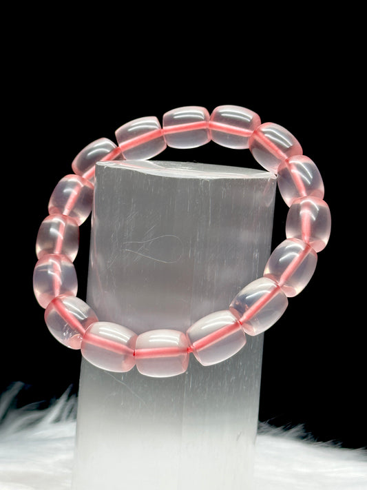 Gemmy Rose Quartz Bracelet – 10mm Drum Beads, Stretchable Cord, Handmade Crystal Jewelry