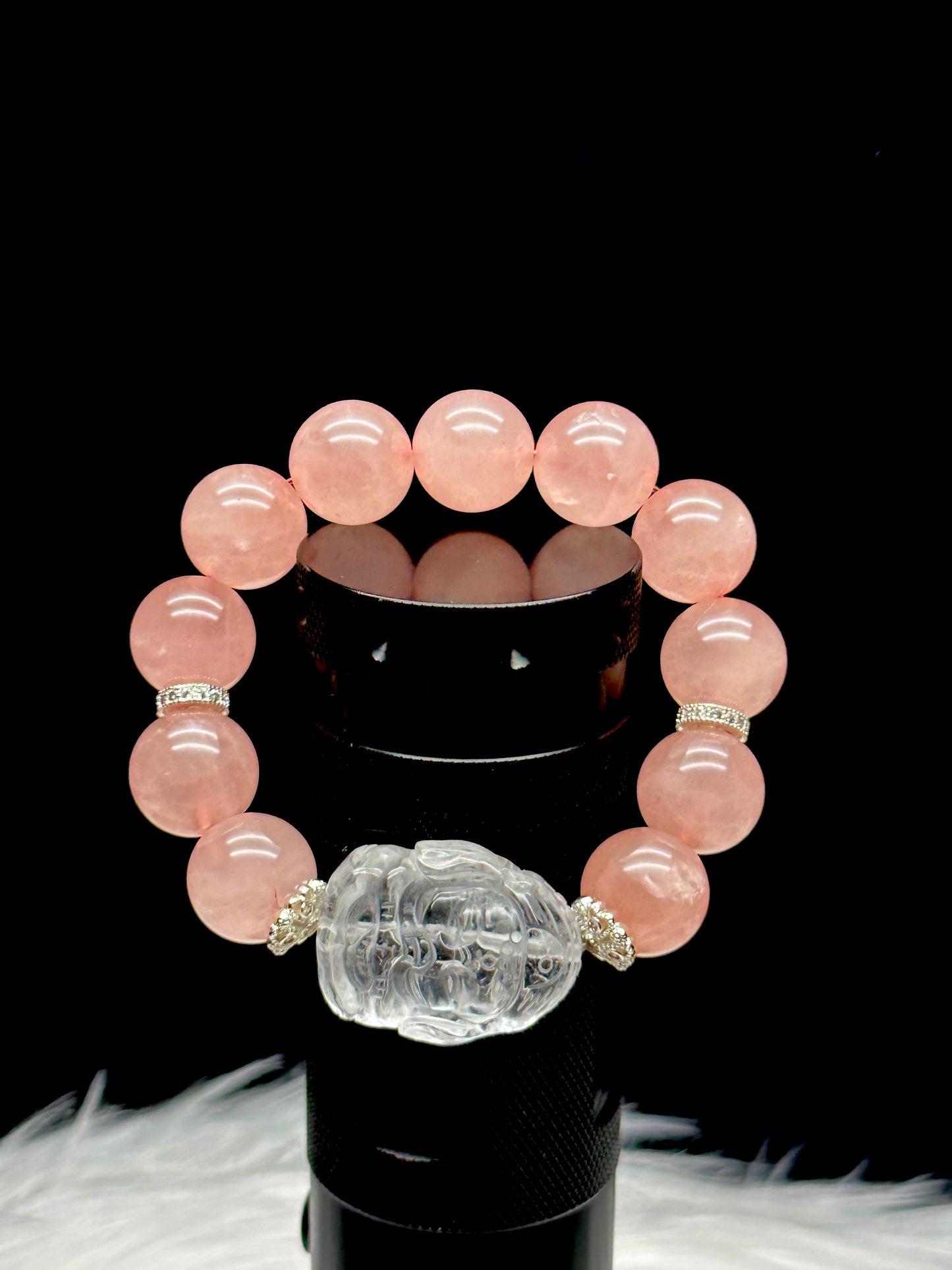 Gemmy Rose Quartz Bracelet w/ Clear Quartz Ganesha – 12mm Beads, Sterling Silver Charms, Stretchable Cord