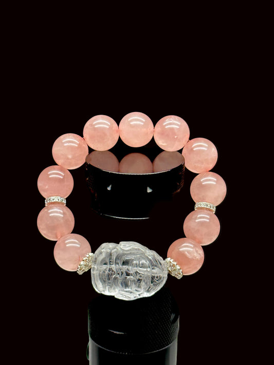 Gemmy Rose Quartz Bracelet w/ Clear Quartz Ganesha – 12mm Beads, Sterling Silver Charms, Stretchable Cord