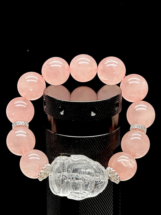 Gemmy Rose Quartz Bracelet w/ Clear Quartz Ganesha – 12mm Beads, Sterling Silver Charms, Stretchable Cord