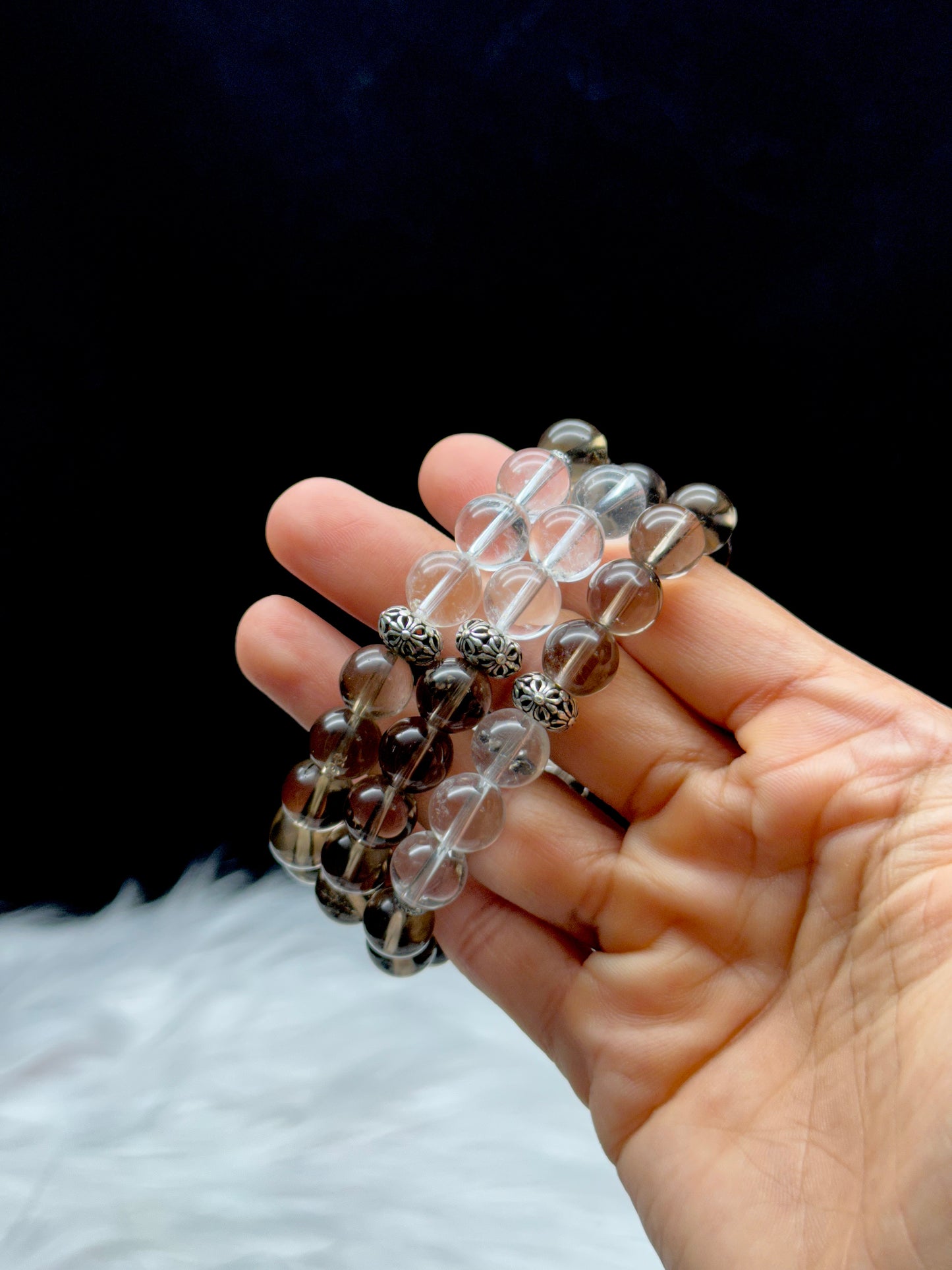 Clear Quartz & Smoky Quartz Crystal Bracelet – 9.5mm Beads, Stretch Cord, Sterling Silver Spacer Charm