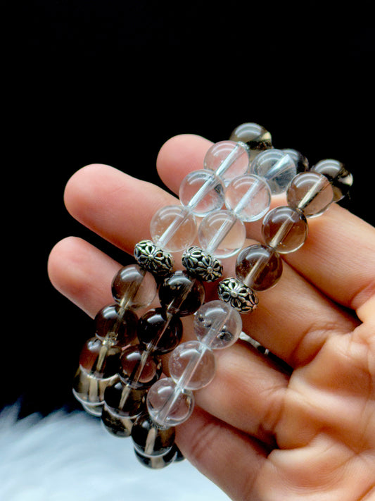Clear Quartz & Smoky Quartz Crystal Bracelet – 9.5mm Beads, Stretch Cord, Sterling Silver Spacer Charm
