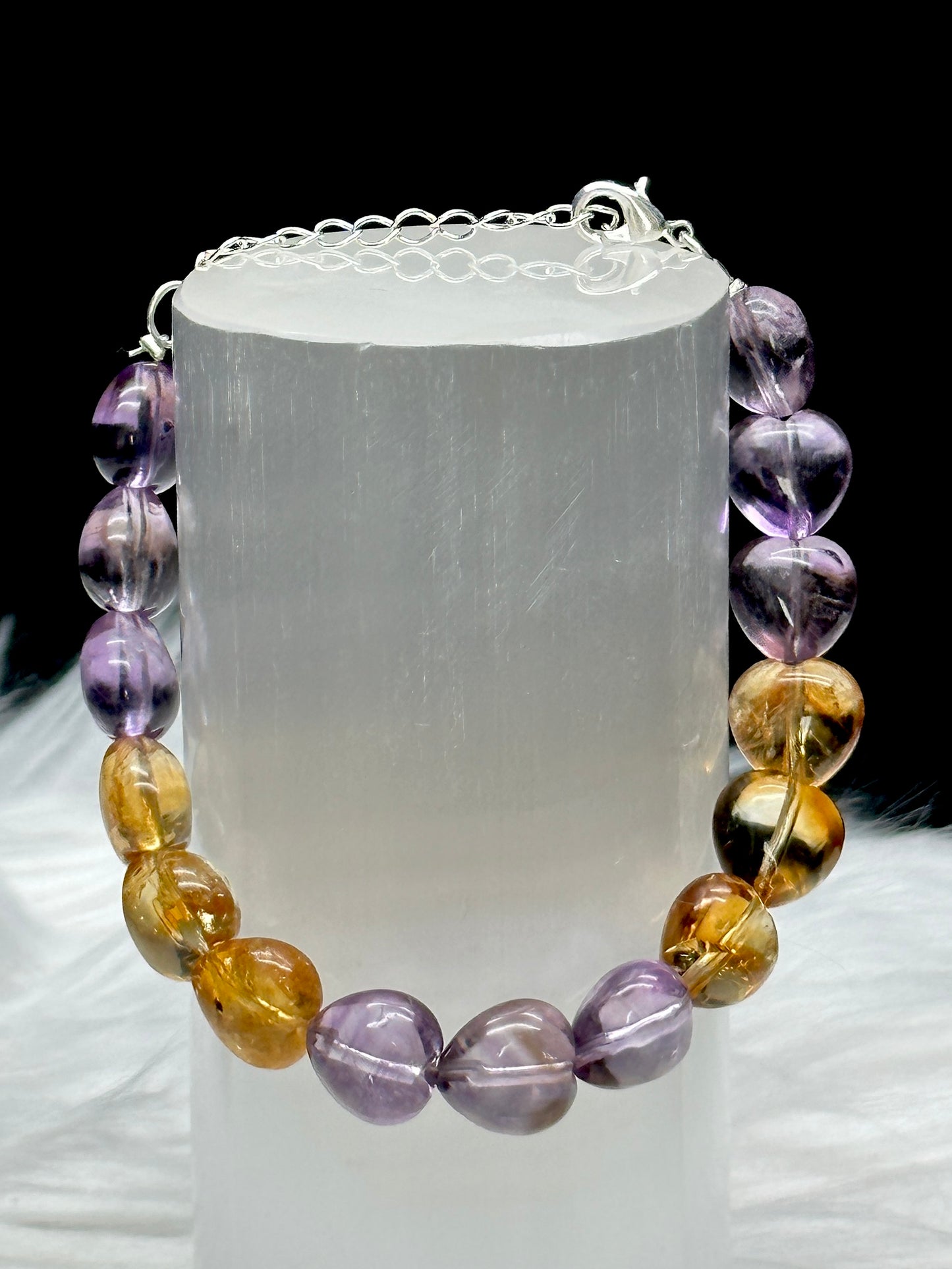 Citrine & Amethyst Heart Bracelet – Sterling Silver Hook