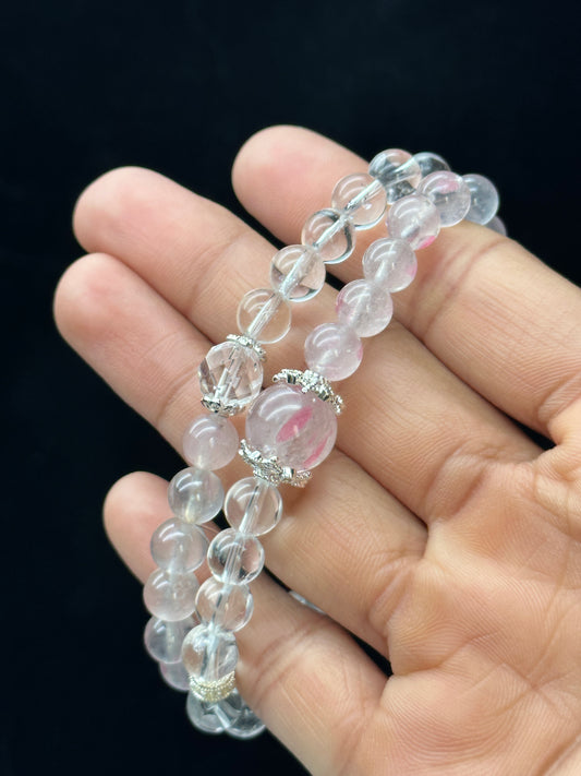 Clear Quartz & Rhodochrosite Double Layer Crystal Bead Bracelet – 8mm, Stretch Cord, Sterling Silver Spacer Charms