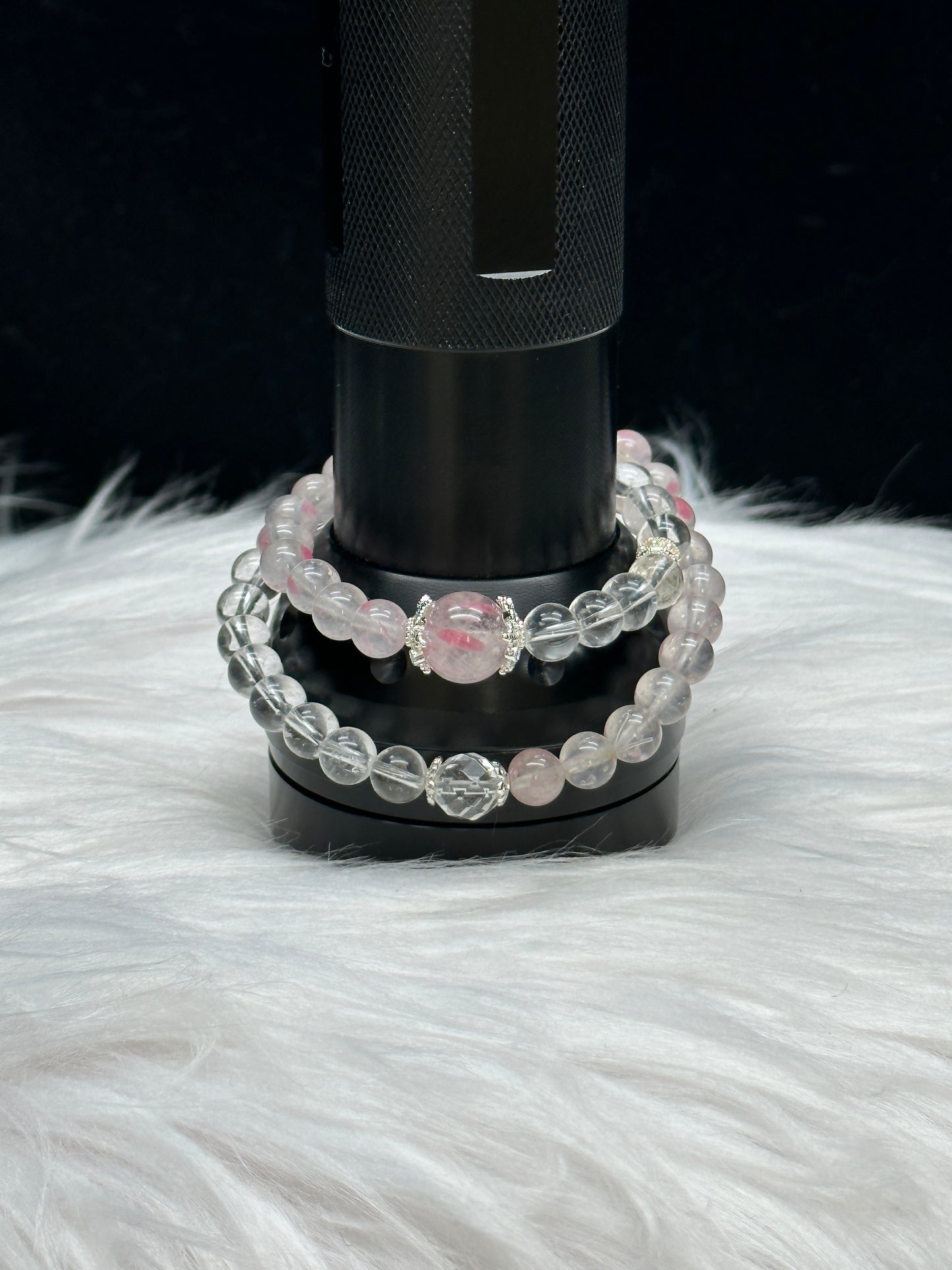 Clear Quartz & Rhodochrosite Double Layer Crystal Bead Bracelet – 8mm, Stretch Cord, Sterling Silver Spacer Charms