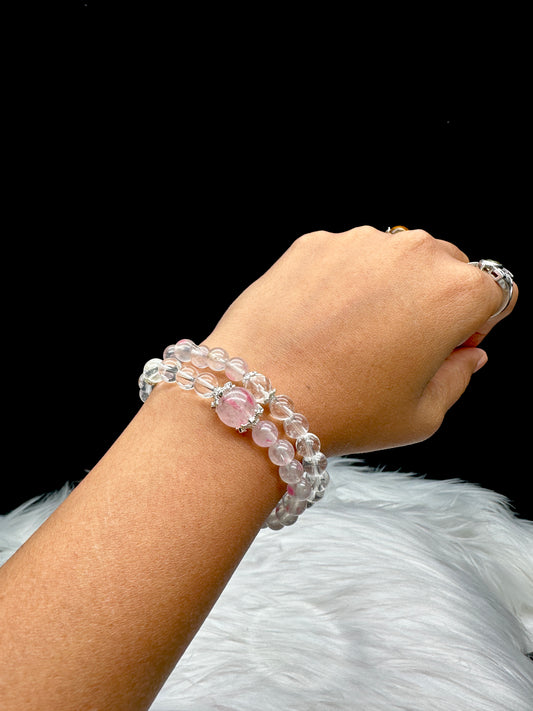 Clear Quartz & Rhodochrosite Double Layer Crystal Bead Bracelet – 8mm, Stretch Cord, Sterling Silver Spacer Charms