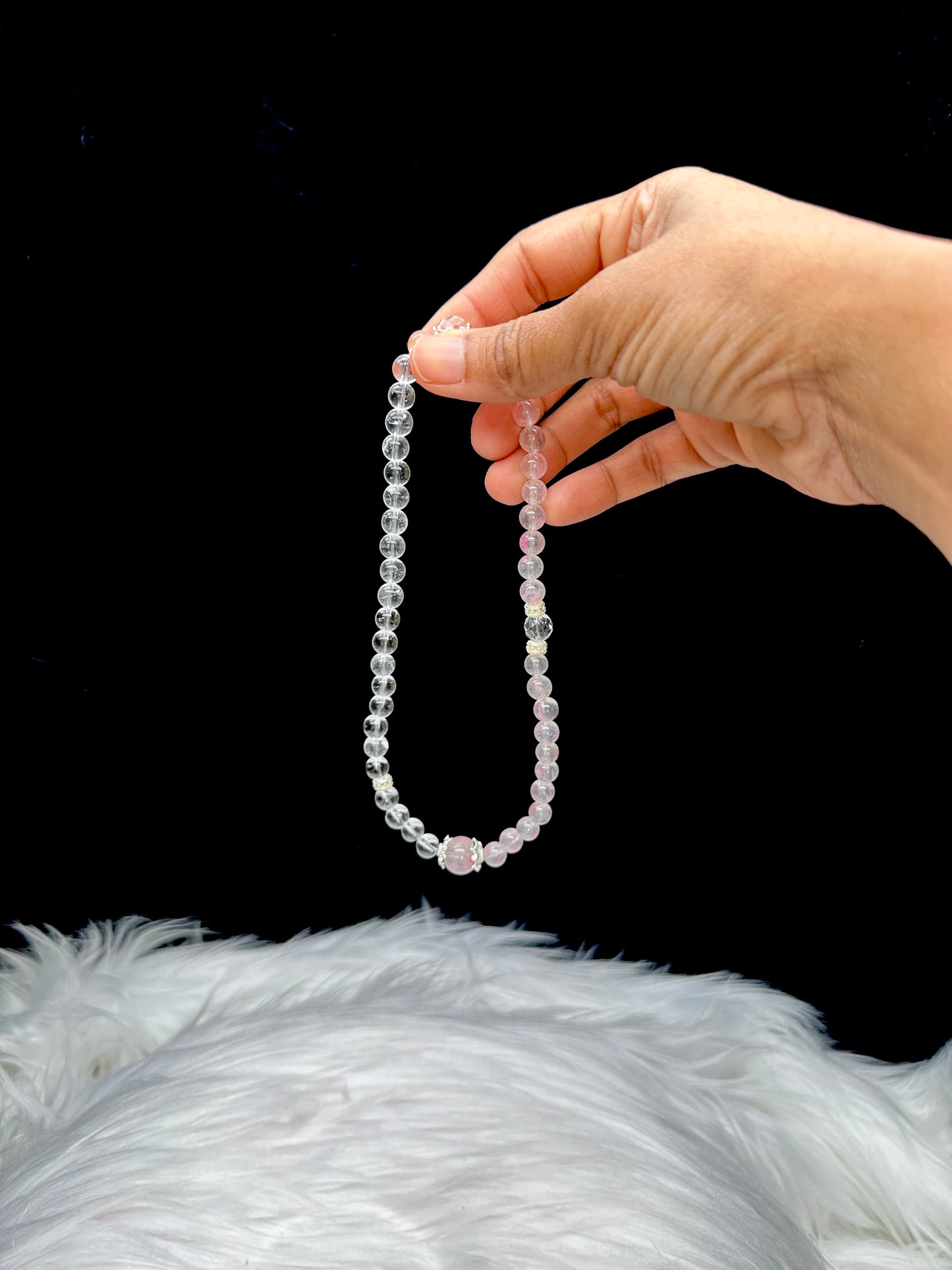 Clear Quartz & Rhodochrosite Double Layer Crystal Bead Bracelet – 8mm, Stretch Cord, Sterling Silver Spacer Charms