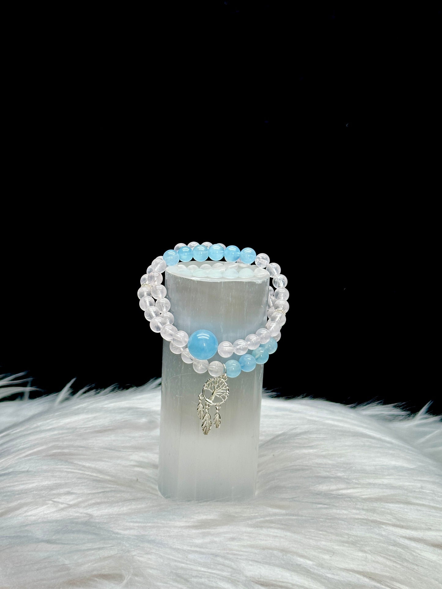 Aquamarine & Clear Quartz Crystal Bracelet – Double Layer, Stretch Cord, 8mm Beads, Sterling Silver Dreamcatcher Charm