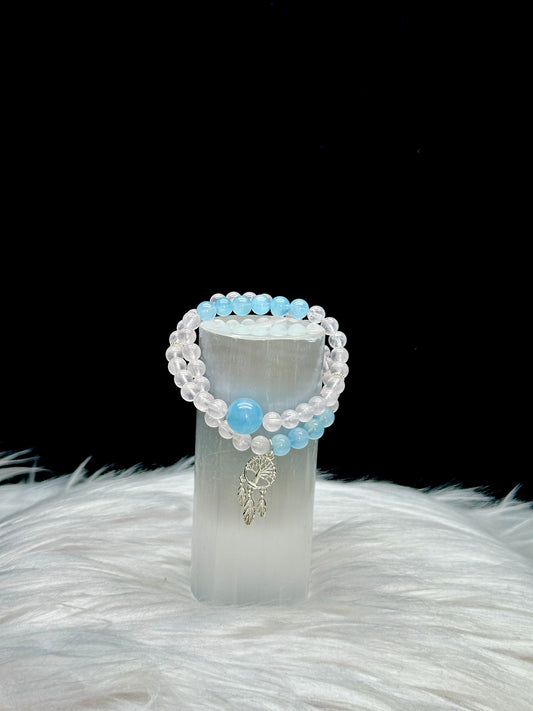 Aquamarine & Clear Quartz Crystal Bracelet – Double Layer, Stretch Cord, 8mm Beads, Sterling Silver Dreamcatcher Charm