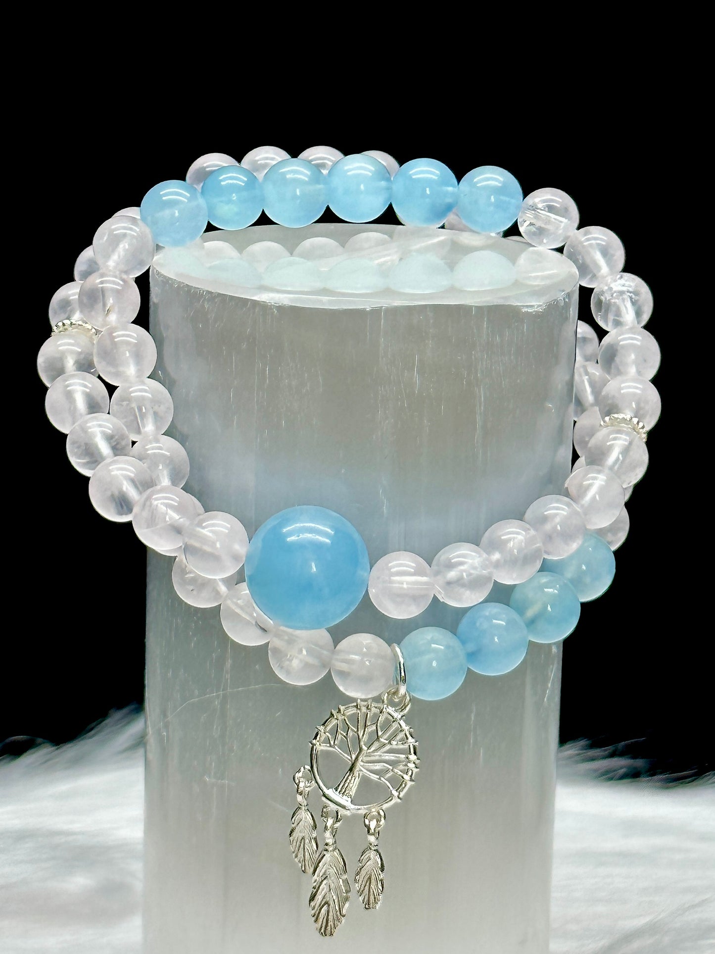 Aquamarine & Clear Quartz Crystal Bracelet – Double Layer, Stretch Cord, 8mm Beads, Sterling Silver Dreamcatcher Charm