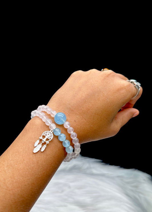Aquamarine & Clear Quartz Crystal Bracelet – Double Layer, Stretch Cord, 8mm Beads, Sterling Silver Dreamcatcher Charm