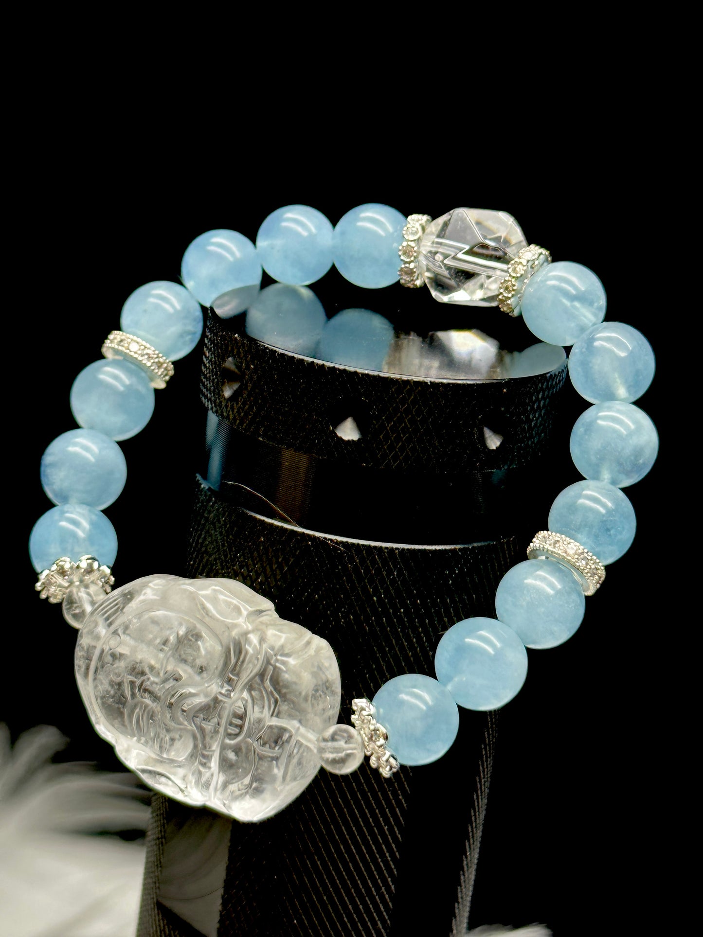 Aquamarine Crystal Bracelet with Clear Quartz Ganesha – 10mm Beads, Stretch Cord, Sterling Silver Accent