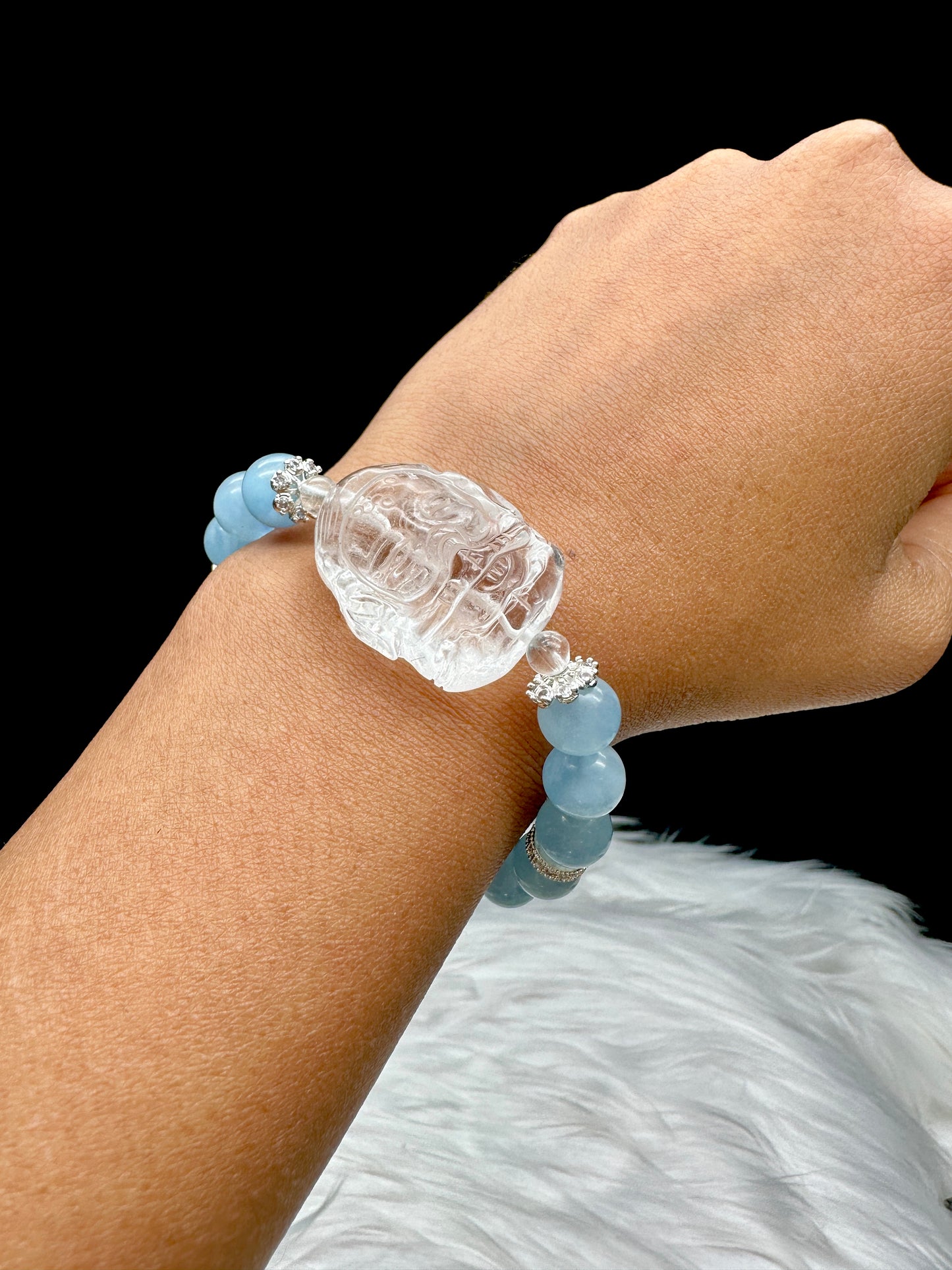Aquamarine Crystal Bracelet with Clear Quartz Ganesha – 10mm Beads, Stretch Cord, Sterling Silver Accent