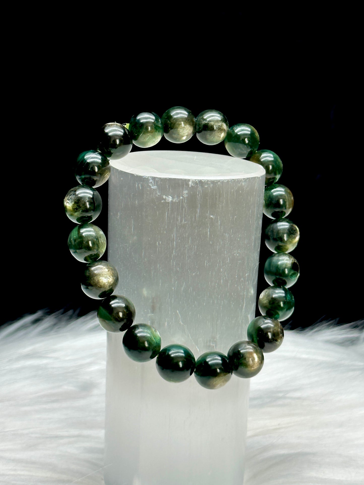 Green Lepidolite / Mica Crystal Bracelet – Stretch Cord, 9mm or 10mm Beads