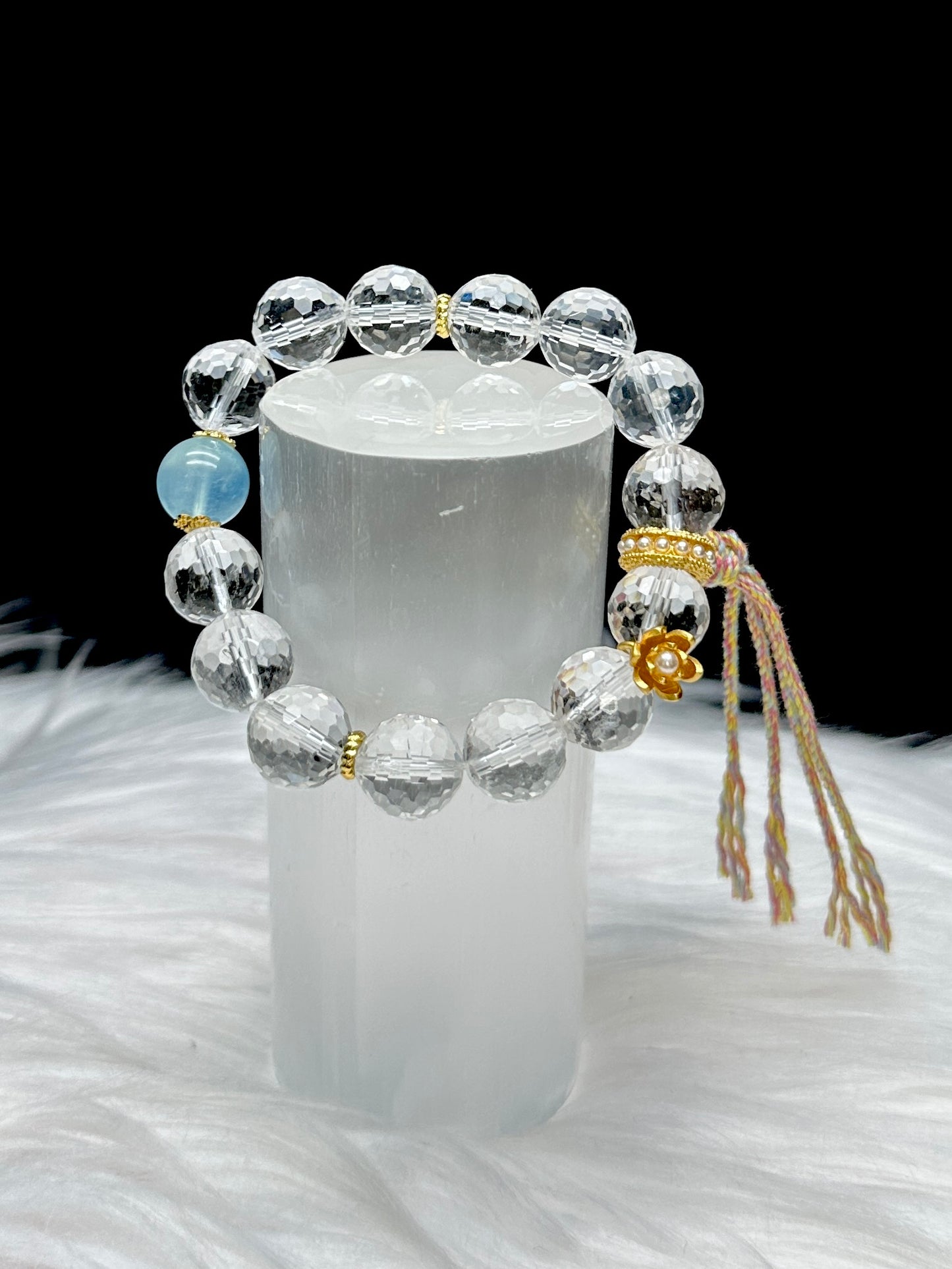 Clear Quartz & Aquamarine Crystal Bracelet – 12mm High-Quality Beads, Stretch Cord, Sterling Silver charms