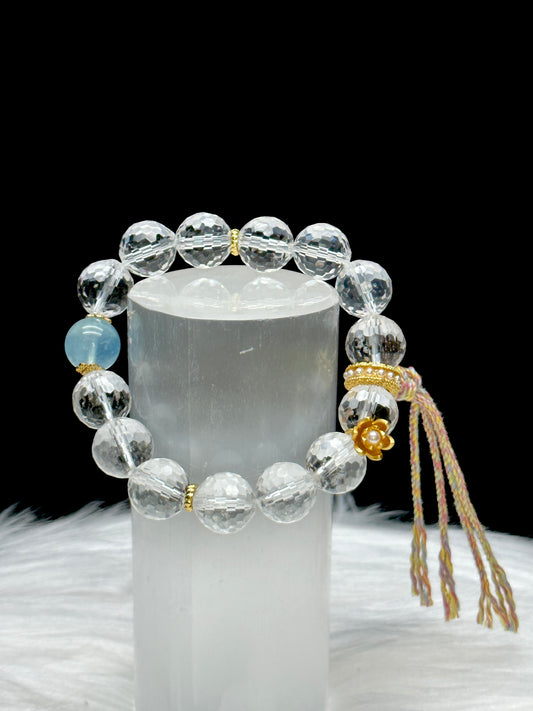 Clear Quartz & Aquamarine Crystal Bracelet – 12mm High-Quality Beads, Stretch Cord, Sterling Silver charms