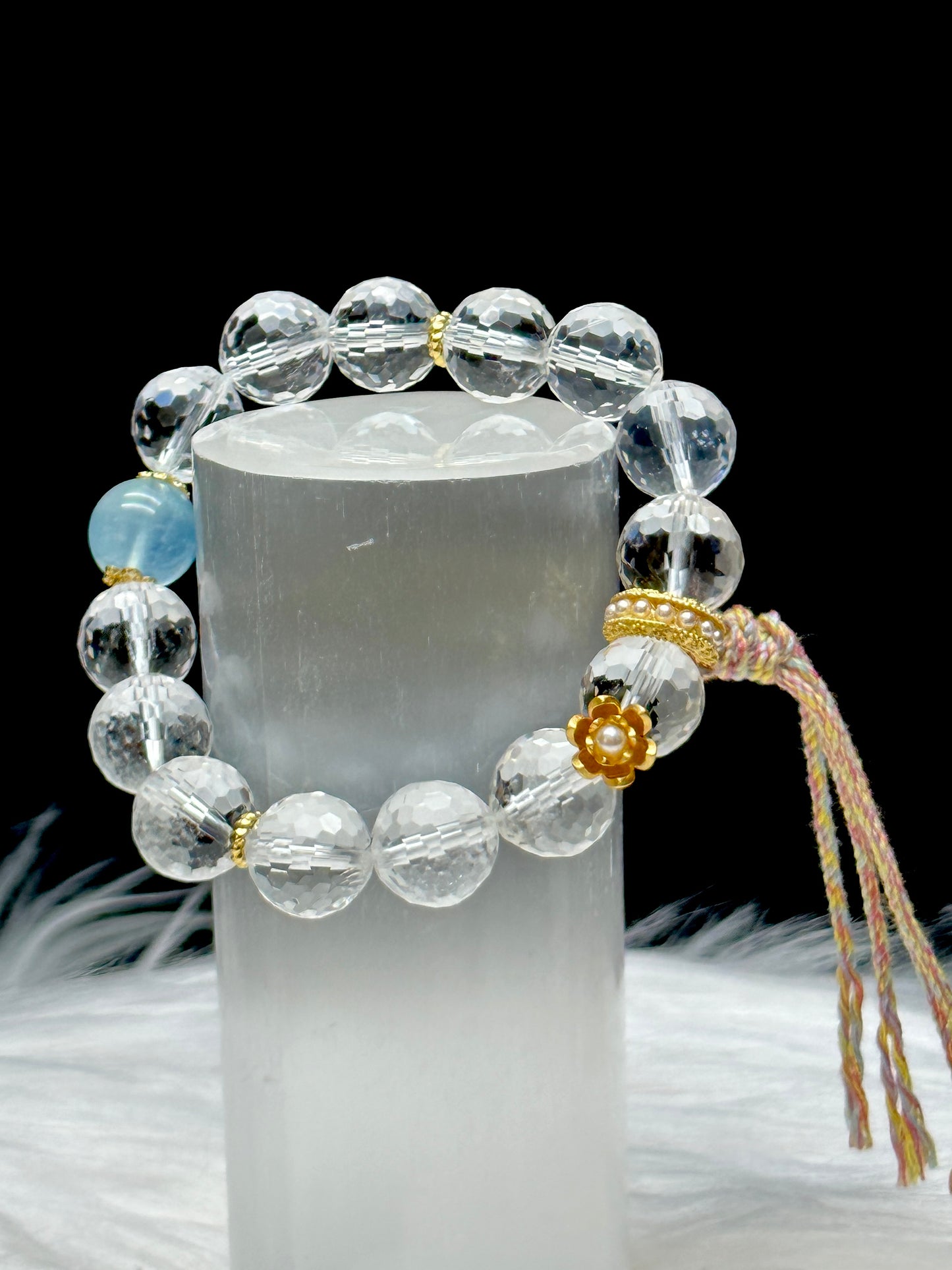 Clear Quartz & Aquamarine Crystal Bracelet – 12mm High-Quality Beads, Stretch Cord, Sterling Silver charms