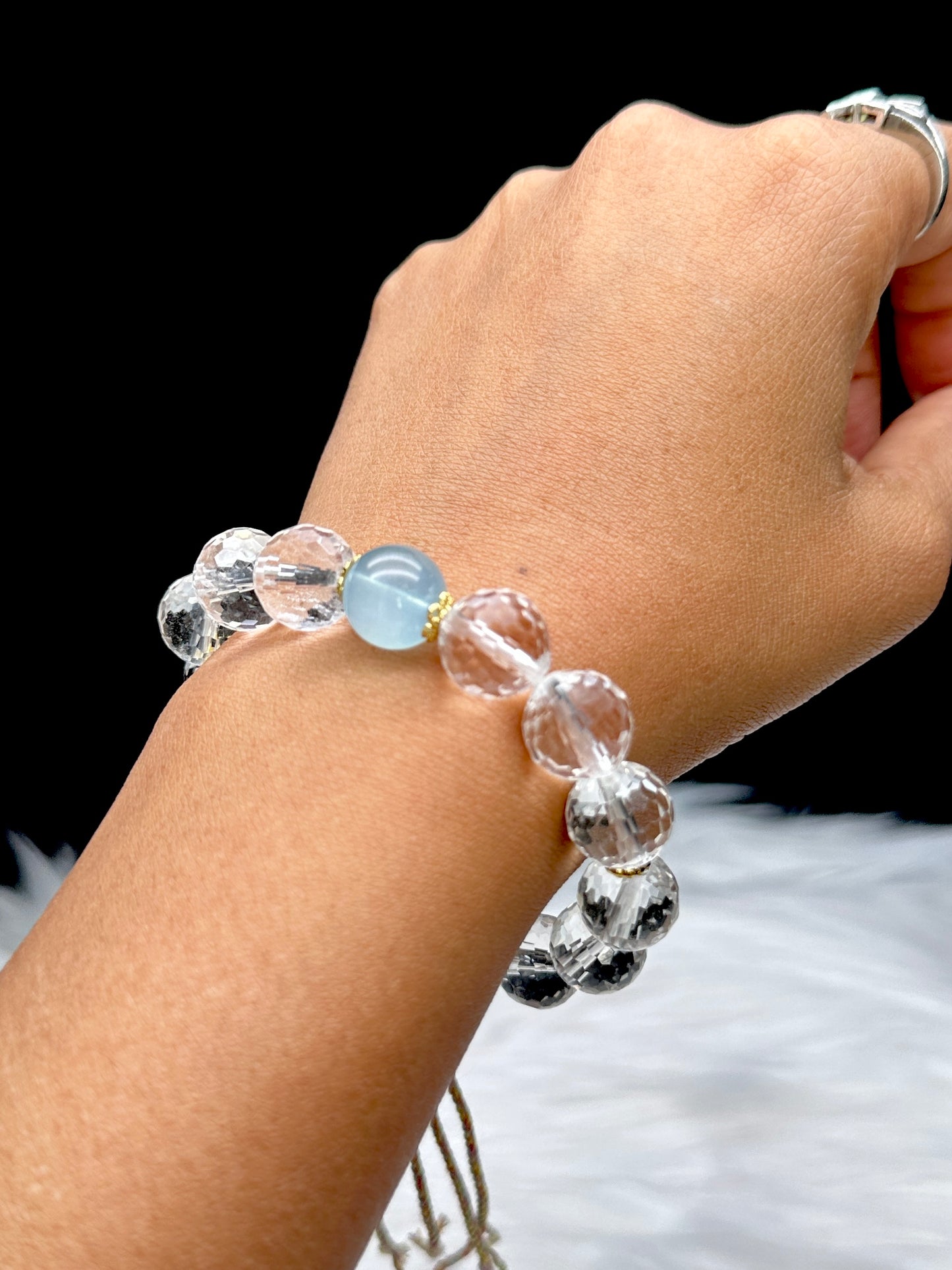 Clear Quartz & Aquamarine Crystal Bracelet – 12mm High-Quality Beads, Stretch Cord, Sterling Silver charms