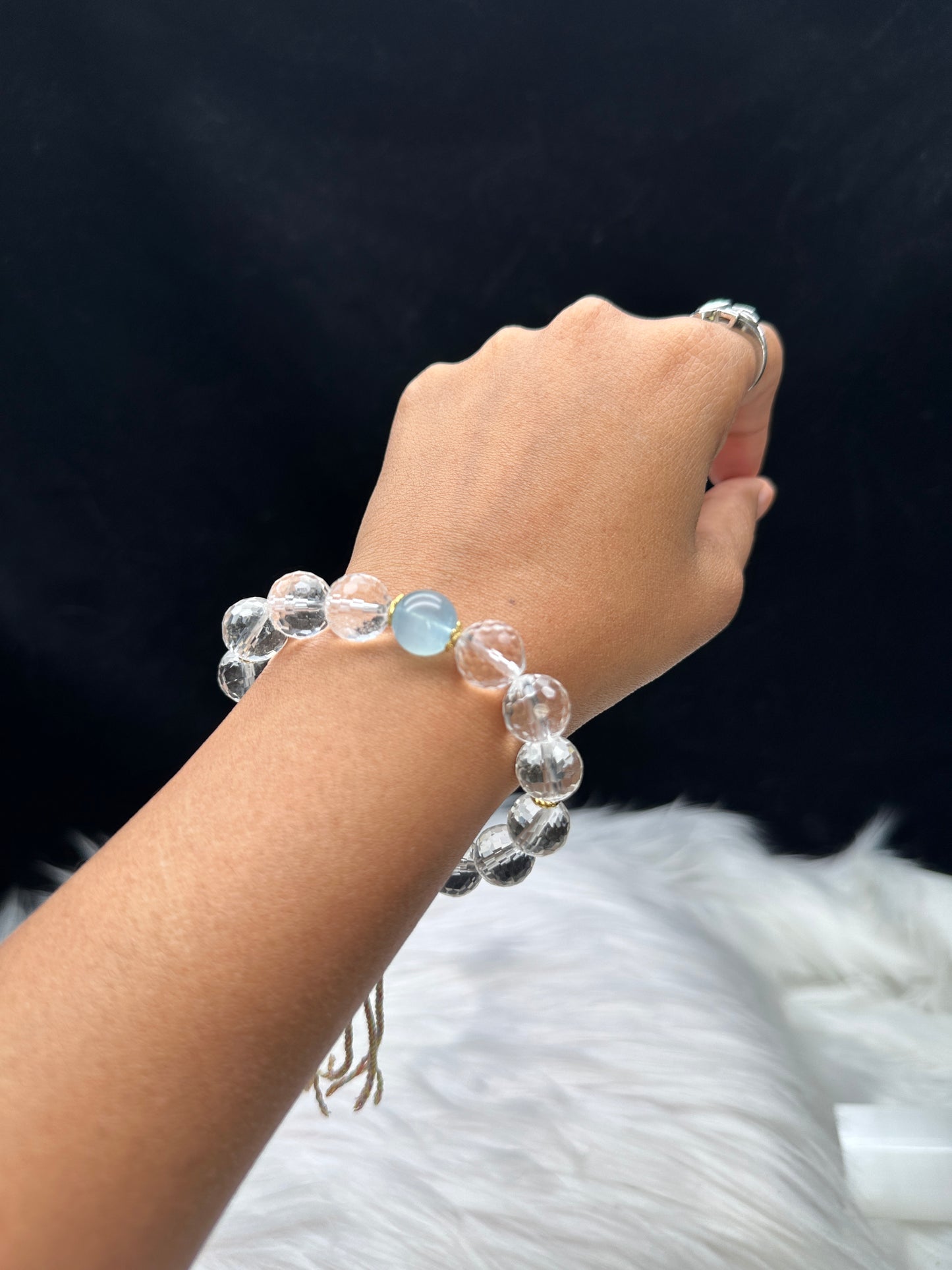 Clear Quartz & Aquamarine Crystal Bracelet – 12mm High-Quality Beads, Stretch Cord, Sterling Silver charms