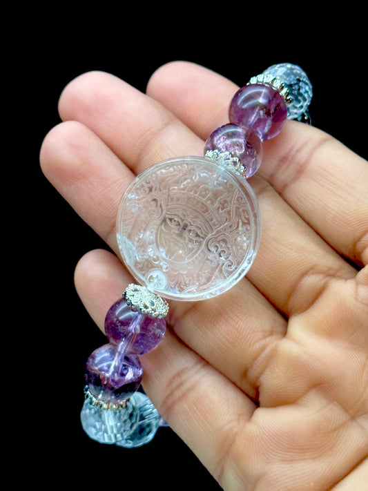 Amethyst & Clear Quartz Crystal Bracelet with Carved Goddess Tara – 12mm Beads, Spiritual Healing Jewelry